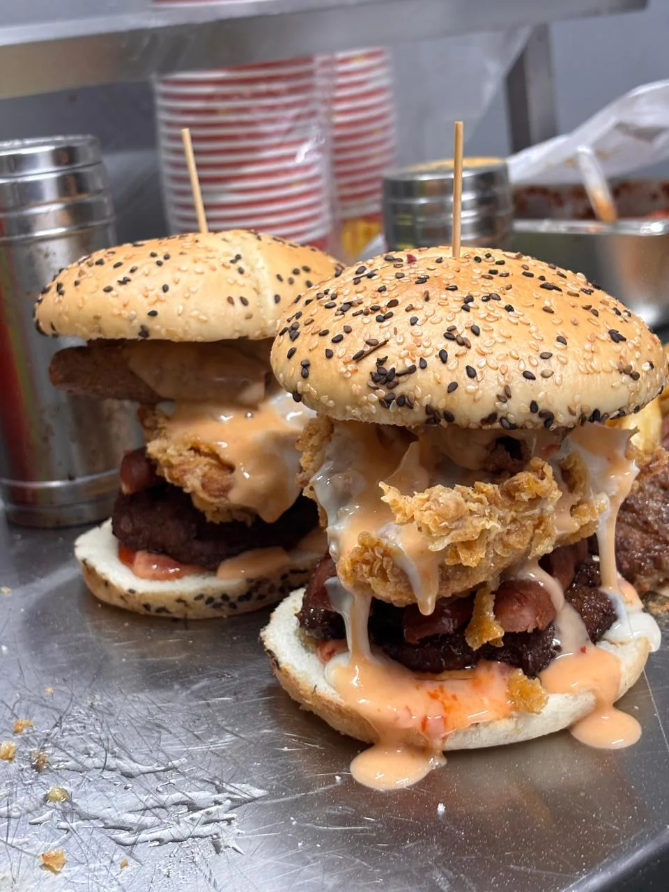 Grilled burgers fresh off the flame